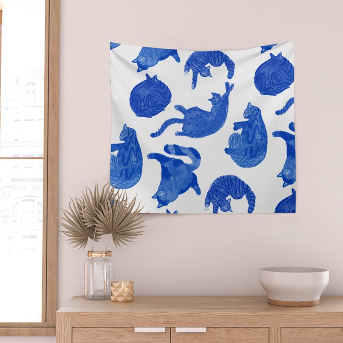 Sleepy Cozy Kitty Cats in Royal Blue & White Wall Tapestry Gallery Image 2