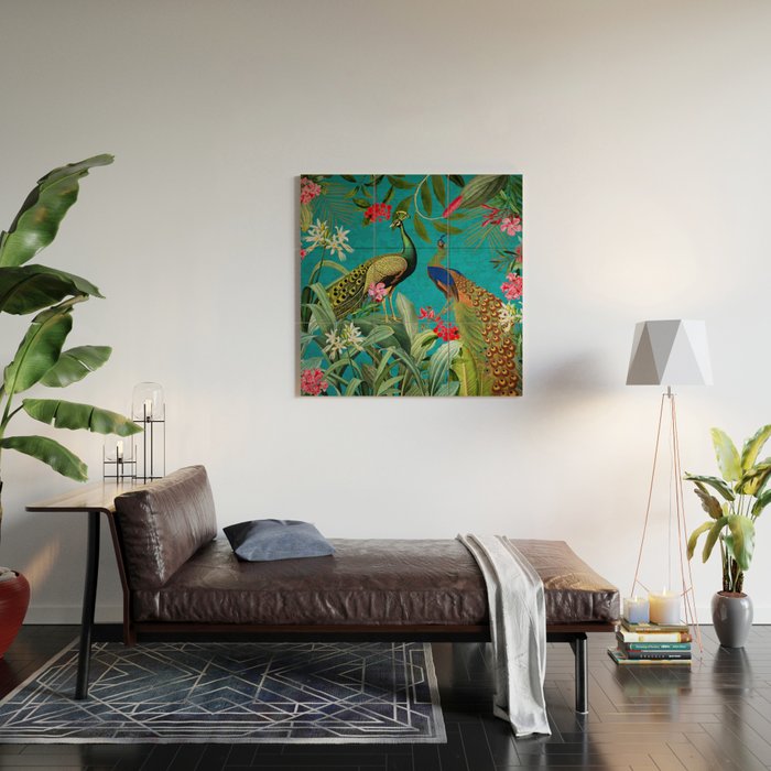 Vintage Tropical Peacock Bird Rainforest Jungle  Wood Wall Art Gallery Image 2