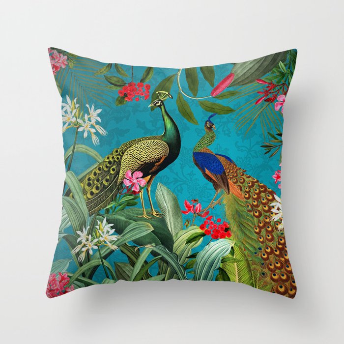 Vintage Tropical Peacock Bird Rainforest Jungle  Throw Pillow Gallery Image 1