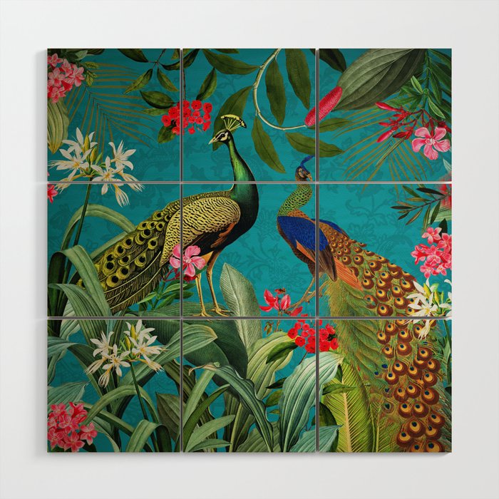 Vintage Tropical Peacock Bird Rainforest Jungle  Wood Wall Art Gallery Image 1