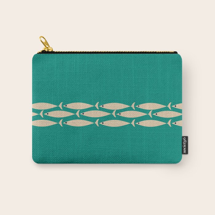 Fish Stripe III - Midcentury Modern Minimalist Beige and Teal Carry All Pouch Gallery Image 1