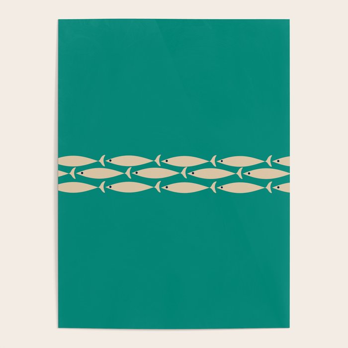 Fish Stripe III - Midcentury Modern Minimalist Beige and Teal Poster Gallery Image 1