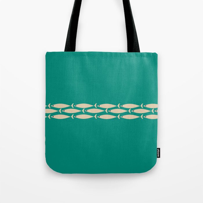 Fish Stripe III - Midcentury Modern Minimalist Beige and Teal Tote Bag Gallery Image 1
