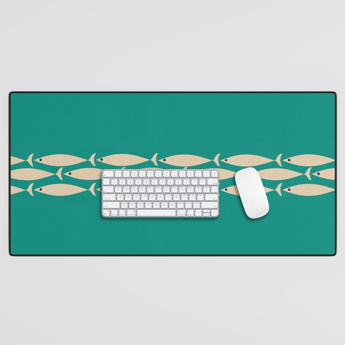 Fish Stripe III - Midcentury Modern Minimalist Beige and Teal Desk Mat Gallery Image 1