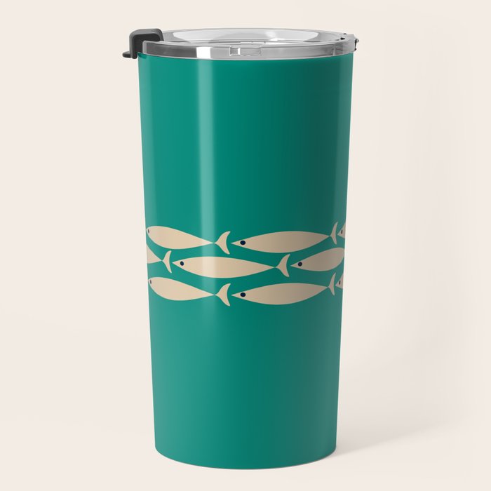 Fish Stripe III - Midcentury Modern Minimalist Beige and Teal Travel Mug Gallery Image 3