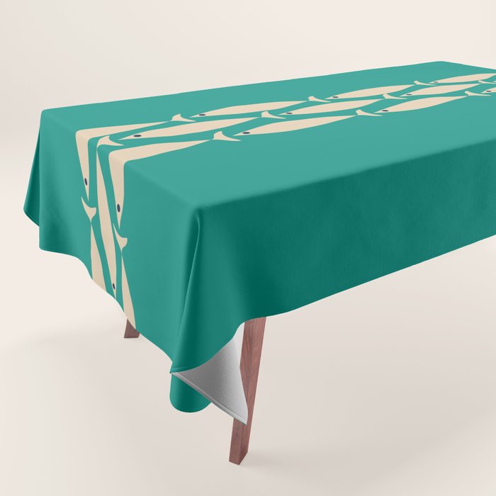 Fish Stripe III - Midcentury Modern Minimalist Beige and Teal Tablecloth Gallery Image 1