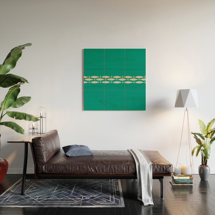 Fish Stripe III - Midcentury Modern Minimalist Beige and Teal Wood Wall Art Gallery Image 2