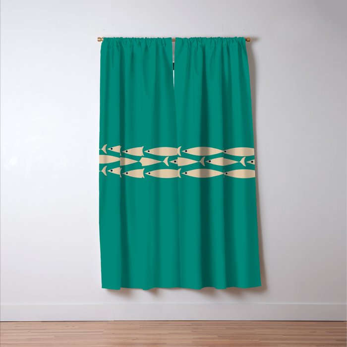 Fish Stripe III - Midcentury Modern Minimalist Beige and Teal Window Curtain Gallery Image 3