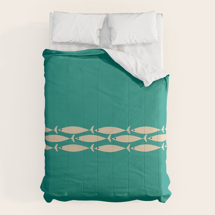 Fish Stripe III - Midcentury Modern Minimalist Beige and Teal Comforter Gallery Image 1