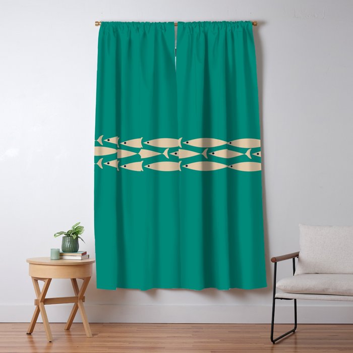 Fish Stripe III - Midcentury Modern Minimalist Beige and Teal Window Curtain Gallery Image 5