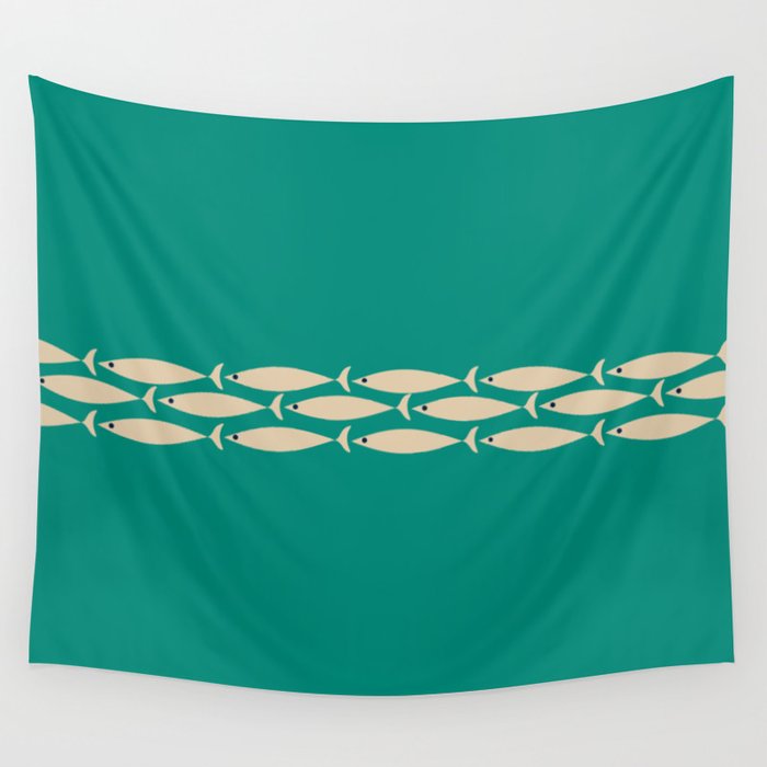 Fish Stripe III - Midcentury Modern Minimalist Beige and Teal Wall Tapestry Gallery Image 4