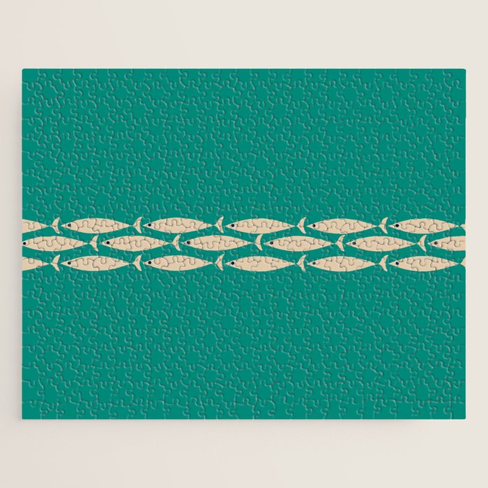 Fish Stripe III - Midcentury Modern Minimalist Beige and Teal Jigsaw Puzzle Gallery Image 1