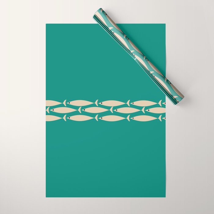 Fish Stripe III - Midcentury Modern Minimalist Beige and Teal Wrapping Paper Gallery Image 1