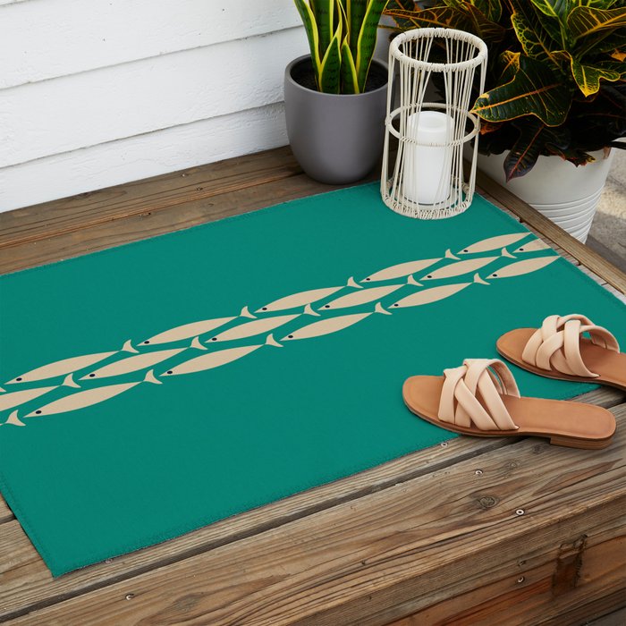 Fish Stripe III - Midcentury Modern Minimalist Beige and Teal Outdoor Rug Gallery Image 2