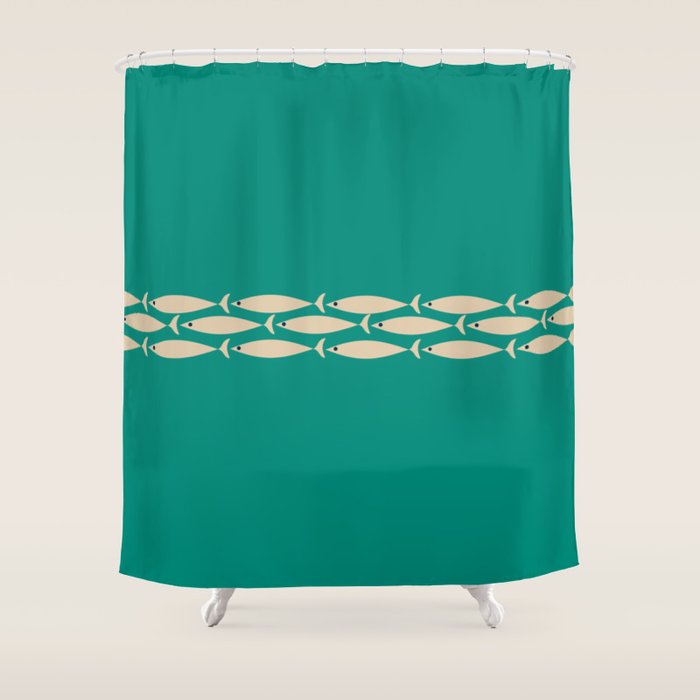 Fish Stripe III - Midcentury Modern Minimalist Beige and Teal Shower Curtain Gallery Image 1