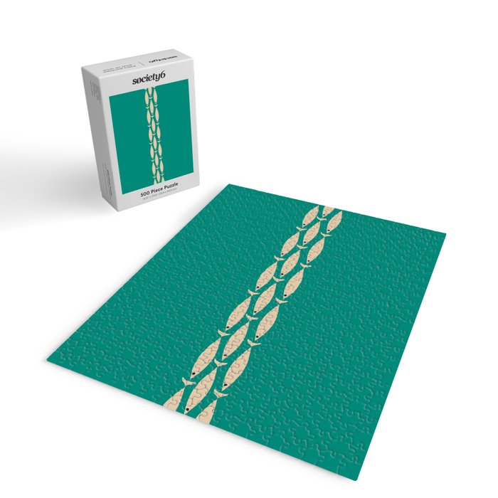 Fish Stripe III - Midcentury Modern Minimalist Beige and Teal Jigsaw Puzzle Gallery Image 2
