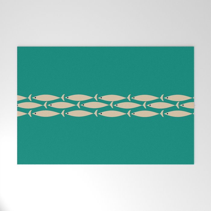 Fish Stripe III - Midcentury Modern Minimalist Beige and Teal Welcome Mat Gallery Image 1