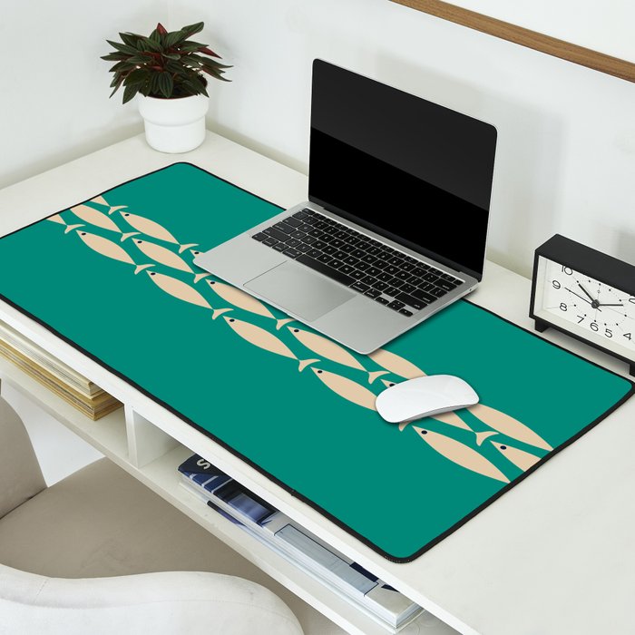Fish Stripe III - Midcentury Modern Minimalist Beige and Teal Desk Mat Gallery Image 2