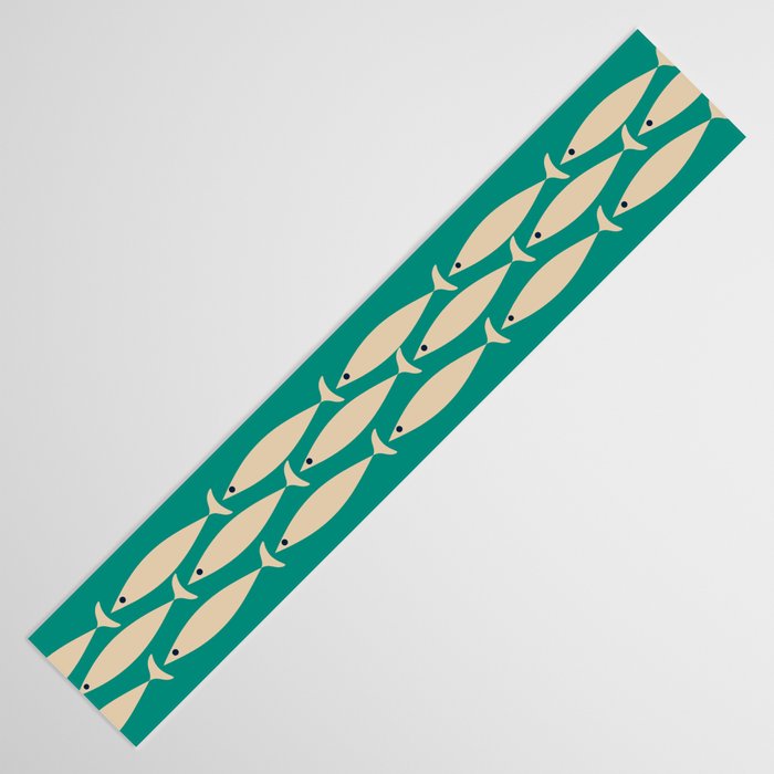 Fish Stripe III - Midcentury Modern Minimalist Beige and Teal Table Runner Gallery Image 3
