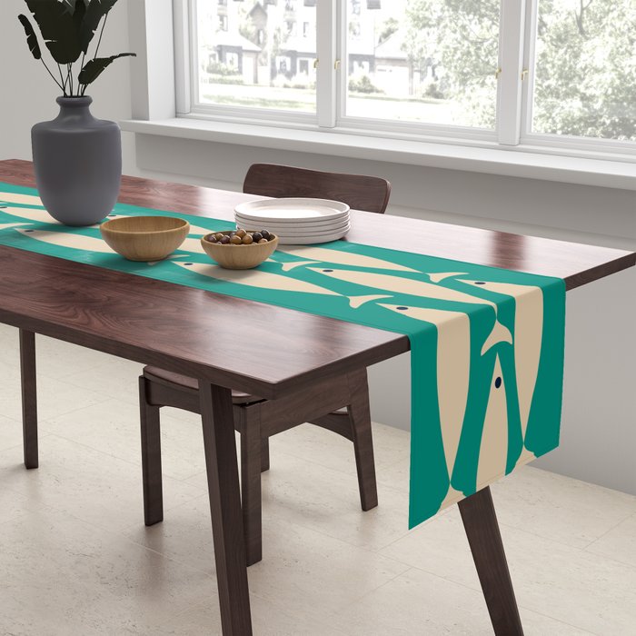 Fish Stripe III - Midcentury Modern Minimalist Beige and Teal Table Runner Gallery Image 2