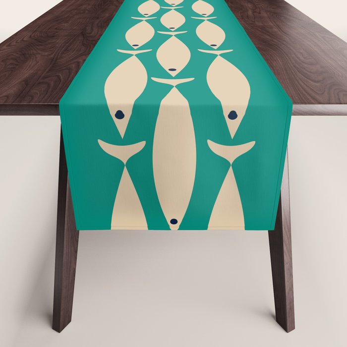Fish Stripe III - Midcentury Modern Minimalist Beige and Teal Table Runner Gallery Image 1