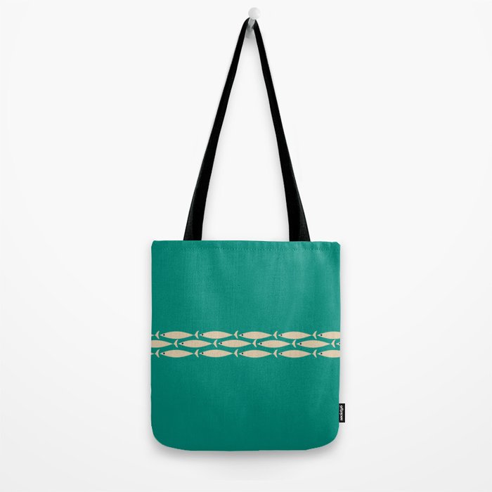 Fish Stripe III - Midcentury Modern Minimalist Beige and Teal Tote Bag Gallery Image 2