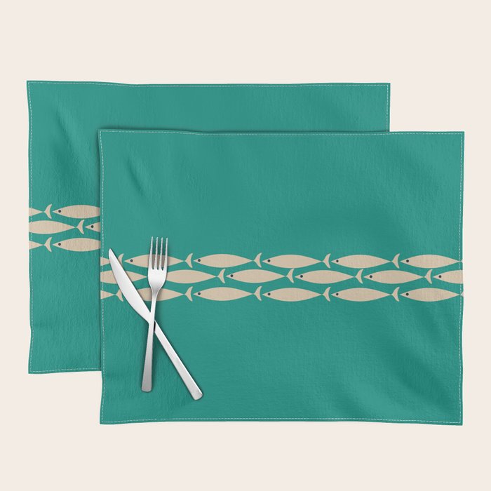 Fish Stripe III - Midcentury Modern Minimalist Beige and Teal Placemat Gallery Image 1