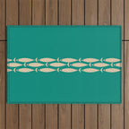 Fish Stripe III - Midcentury Modern Minimalist Beige and Teal Outdoor Rug Gallery Image 1