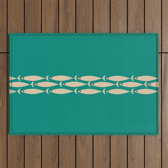 Fish Stripe III - Midcentury Modern Minimalist Beige and Teal Outdoor Rug Gallery Image 1