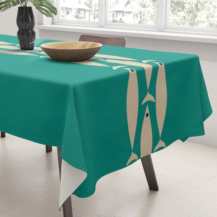 Fish Stripe III - Midcentury Modern Minimalist Beige and Teal Tablecloth Gallery Image 3