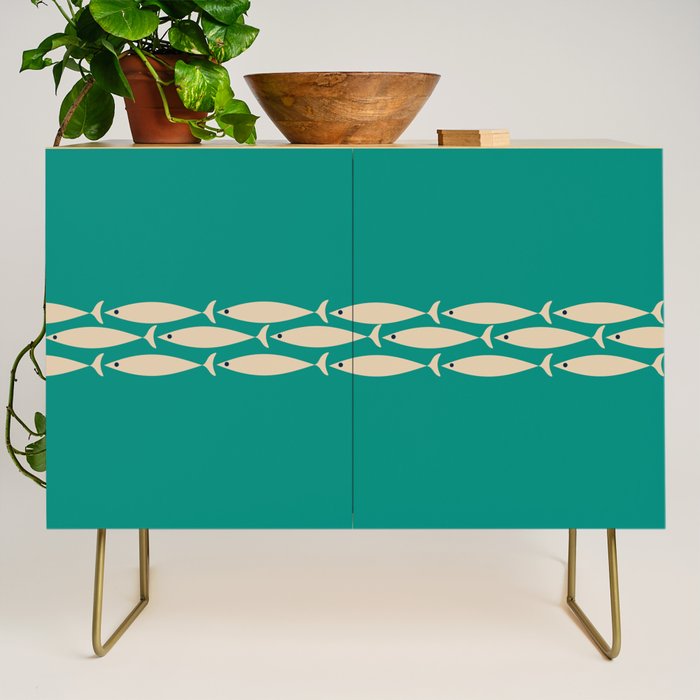 Fish Stripe III - Midcentury Modern Minimalist Beige and Teal Credenza Gallery Image 1