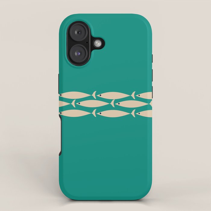 Fish Stripe III - Midcentury Modern Minimalist Beige and Teal iPhone Case Gallery Image 1