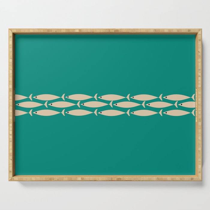 Fish Stripe III - Midcentury Modern Minimalist Beige and Teal Serving Tray Gallery Image 1