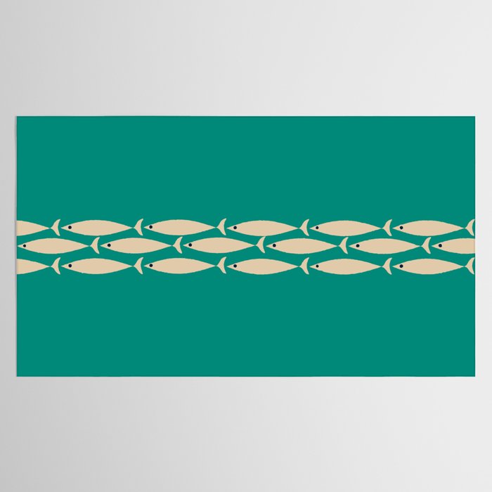 Fish Stripe III - Midcentury Modern Minimalist Beige and Teal Tablecloth Gallery Image 2