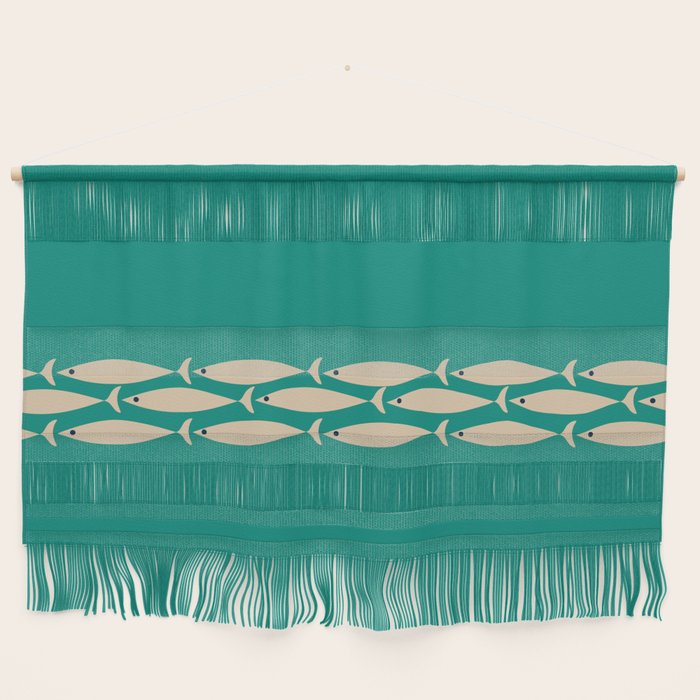 Fish Stripe III - Midcentury Modern Minimalist Beige and Teal Wall Hanging Gallery Image 1
