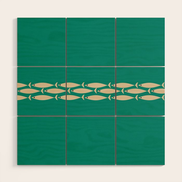 Fish Stripe III - Midcentury Modern Minimalist Beige and Teal Wood Wall Art Gallery Image 1