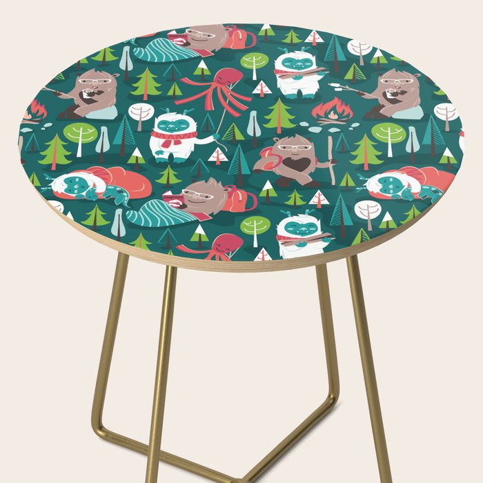 Besties // green background white Yeti brown Bigfoot aqua yellow green and teal pine trees red and coral details Side Table Gallery Image 2