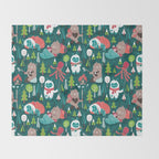 Besties // green background white Yeti brown Bigfoot aqua yellow green and teal pine trees red and coral details Throw Blanket Gallery Image 2