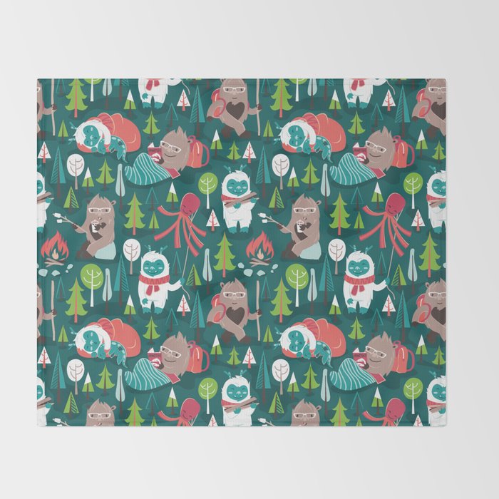 Besties // green background white Yeti brown Bigfoot aqua yellow green and teal pine trees red and coral details Throw Blanket Gallery Image 2
