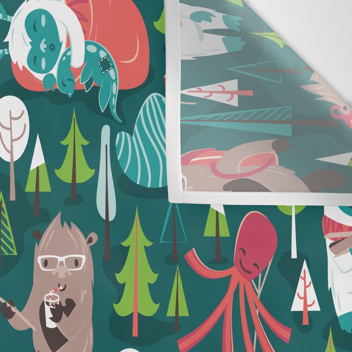 Besties // green background white Yeti brown Bigfoot aqua yellow green and teal pine trees red and coral details Wall Tapestry Gallery Image 3