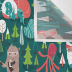 Besties // green background white Yeti brown Bigfoot aqua yellow green and teal pine trees red and coral details Wall Tapestry Gallery Image 3