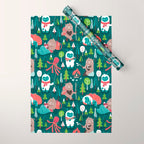 Besties // green background white Yeti brown Bigfoot aqua yellow green and teal pine trees red and coral details Wrapping Paper Gallery Image 1