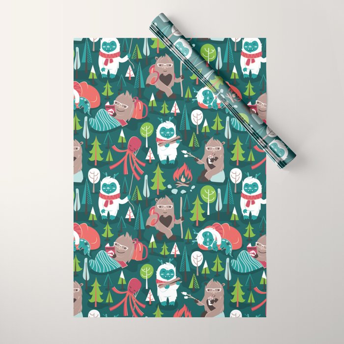 Besties // green background white Yeti brown Bigfoot aqua yellow green and teal pine trees red and coral details Wrapping Paper Gallery Image 1