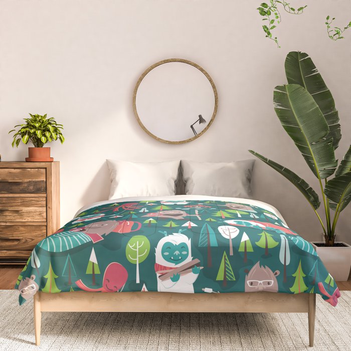 Besties // green background white Yeti brown Bigfoot aqua yellow green and teal pine trees red and coral details Comforter Gallery Image 3