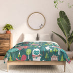 Besties // green background white Yeti brown Bigfoot aqua yellow green and teal pine trees red and coral details Comforter Gallery Image 3