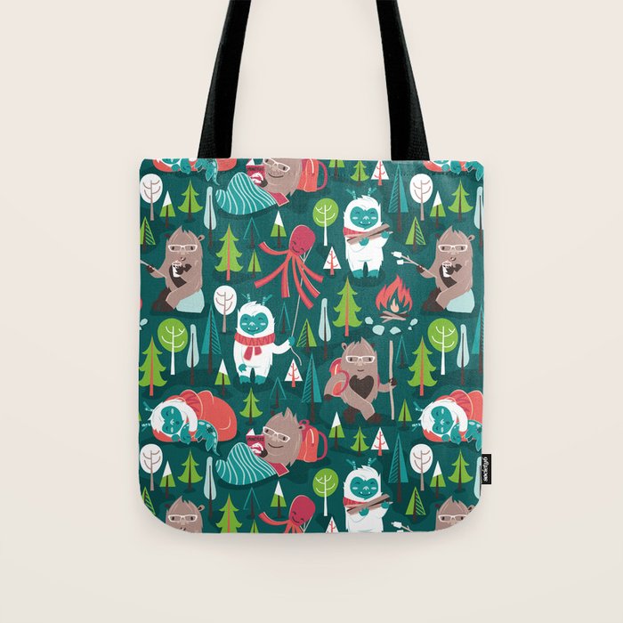 Besties // green background white Yeti brown Bigfoot aqua yellow green and teal pine trees red and coral details Tote Bag Gallery Image 1