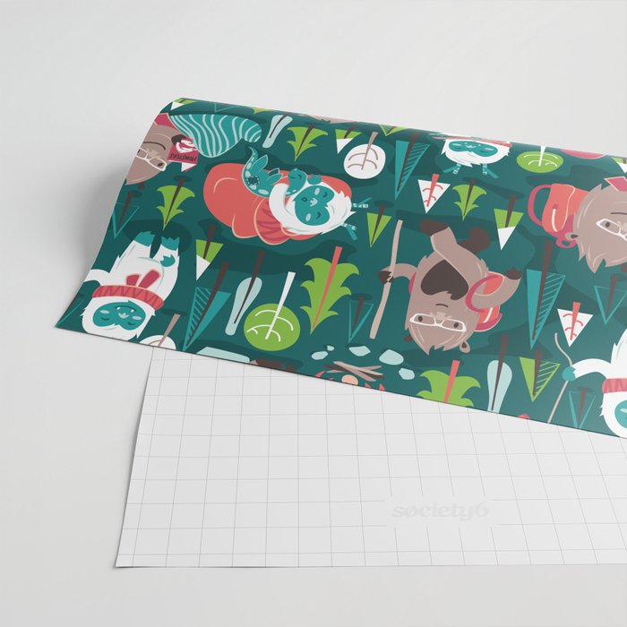 Besties // green background white Yeti brown Bigfoot aqua yellow green and teal pine trees red and coral details Wrapping Paper Gallery Image 2