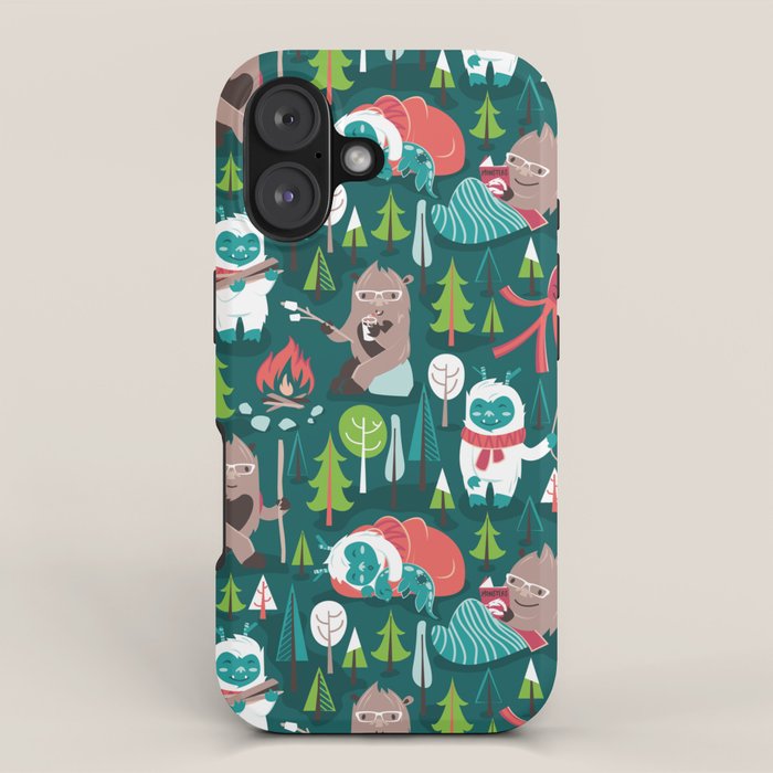 Besties // green background white Yeti brown Bigfoot aqua yellow green and teal pine trees red and coral details iPhone Case Gallery Image 1