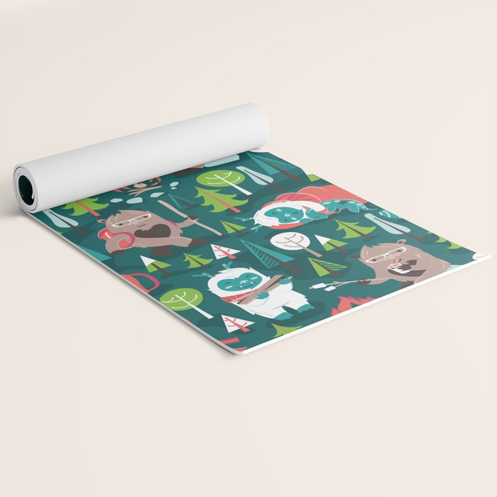 Besties // green background white Yeti brown Bigfoot aqua yellow green and teal pine trees red and coral details Yoga Mat Gallery Image 2