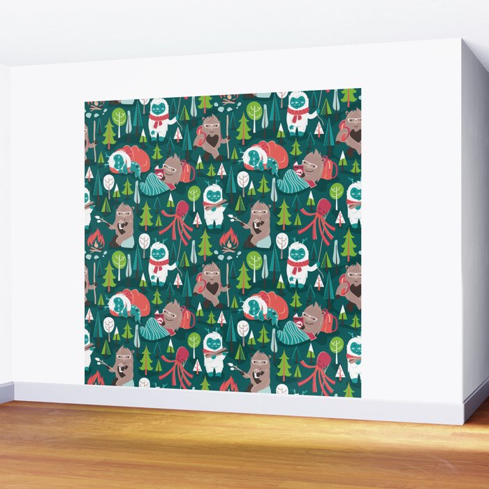 Besties // green background white Yeti brown Bigfoot aqua yellow green and teal pine trees red and coral details Wall Mural Gallery Image 2